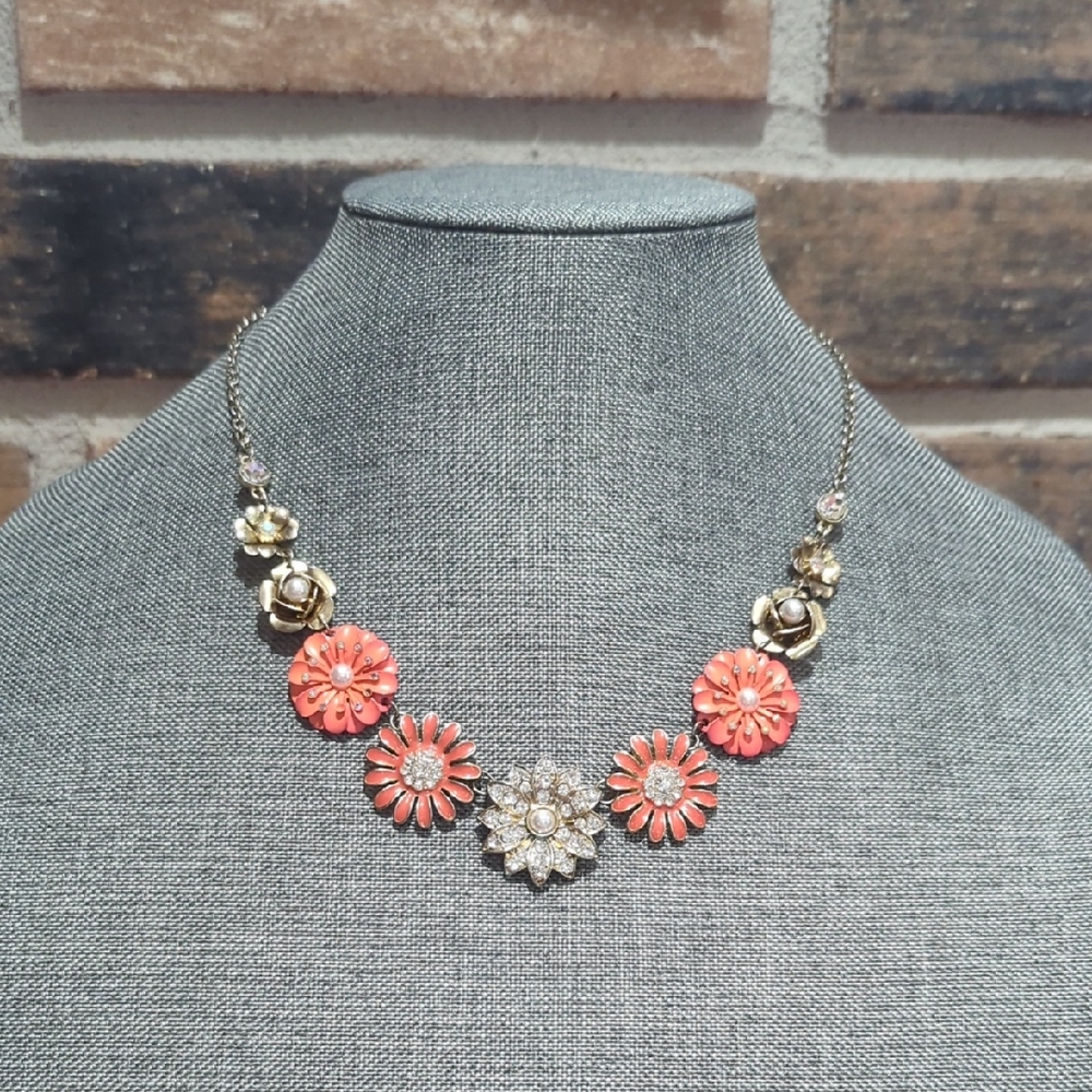 Coral Flower Statement Necklace – Claire’s Style – Mixed Metal – Adjustable